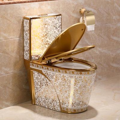 China Luxury Customizable One Piece Color Pattern Double-Flow Flower WC Ceramic Gold Bathroom Toilet for sale