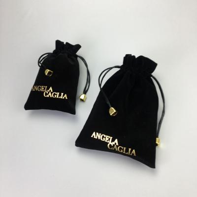 China Recyclable Portable Black Flocking Gold Print Velvet Pouch Jewelry Custom Drawstring Bag for sale