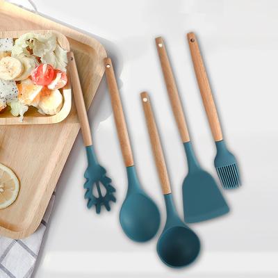 China Sustainable Silicone Kitchen Cookware Set With Wooden Handle Silicone Spatula 9 Piece Set for sale