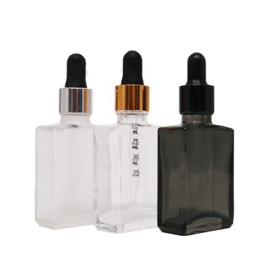 China Rectangle Square 30ml Cosmetic Matte Black Essential Oil Dropper Glass Bottle for sale