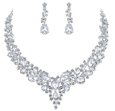 China Popular Qetesh women wedding bridal jewelry sets Crystal Teardrop Cluster Statement Necklace to dangle earrings set for sale