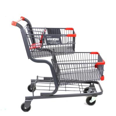 China MOQ 100 PCS Antirust American Style Two Layers Supermarket Grocery Wire Trolley Cart With Cup Holder for sale