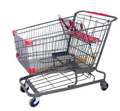 China MOQ 100 PCS Anti-rust Wire Locker Trolley with 250L Wheels Hypermarket Carts with Two Child Seats, Large Supermarket Metal Trolley for sale