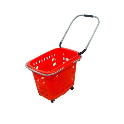 China MOQ 20 PCS 4 Wheels 40L Handle Trolley Durable Rolling Shopping Basket, Plastic Supermarket Rolling Cart With 4 Wheels for sale