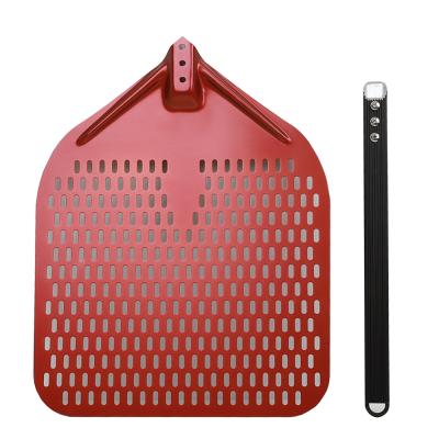 China Viable Commercial Kitchen Use Perforated Pizza Peel 12/14 Inch Pizza Peels New Version Red Paddle Shovel Handle Steel Baking Tool for sale