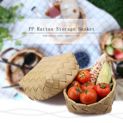 China Durable washable plastic pp woven desktop basket fruit snack vegetable storage basket wide strip storage basket for sale