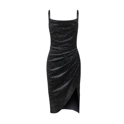 China 2022 New Hot Selling Solid Color Anti-Static Shimmer Material Slit Drape Halter Dress For Women for sale