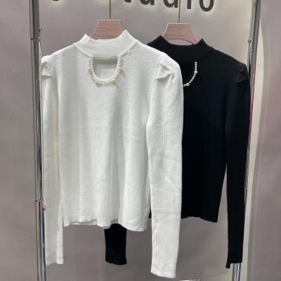 China Anti-wrinkle Factory Wholesale Price Hot Sales Cathy Heavy Pearl Hollow Knit Bottom Sweater for sale