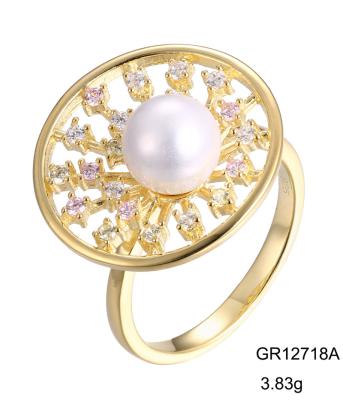 China TRENDY Grace Jewelry Round Hollow Flower Gold Plated Silver S925 Fashion Freshwater Pearl Ring for sale