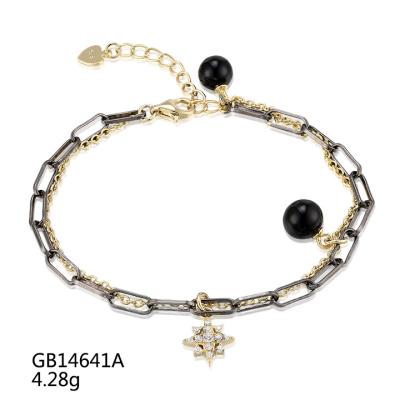 China FASHIONABLE Punk Silver Chain Link Grace Jewelry Black Onyx Agate and Gold Color Pole Star Dangle Bracelet for sale