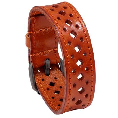 China 2021 new style punk cavity cuff leather bracelet for men with belt buckle in three color jewelry fashion punk leather bracelet for sale