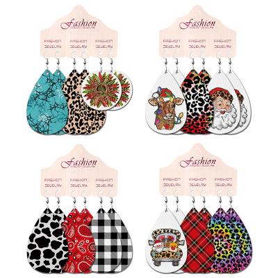 China Lady Jewelry Europe BOHEMIA Style Trendy Earrings New 2021 Three Pairs Set Christmas Decoration Printing PU Leather Earrings for sale