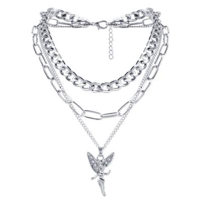 China New Arrival Trendy Fashion Simple Silver Plated Multilayer Necklace Women Jewelry Diamond Angel Little Girl Cuban Thick Chain Pendant for sale