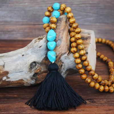 China FASHIONABLE Stock Selling Wholesale Price Bohemia Jewelry Vintage Pendant Necklace Long Length Beads Handmade Wooden Tassel Necklace for sale