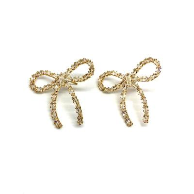 China Light luxury advanced full diamond zircon bow cute atmospheric classic soft temperament knot earrings retro for sale