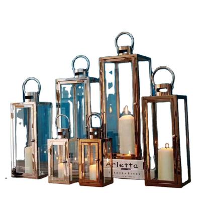 China Eco-friendly Candle Wedding Lantern Set Rose Gold Silver Elegant Home Decoration Metal Eco-friendly Stainless Steel Rectangle Set 3 Sizes for sale