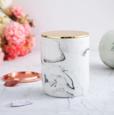 China Fashion Eco-friendly Ceramic Candle Holders Marble Pattern With Metal Lid For Wedding Home Decoration for sale