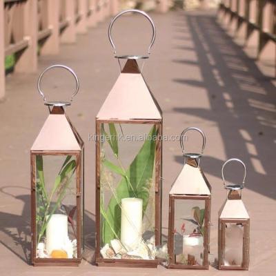 China Eco-friendly Brass Candle Holder Lantern Wedding Events Decoration Set of 3 Rose Gold Metal Stainless Steel Eco-friendly Home Decor for sale