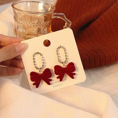 China Autumn Winter New Style Crystal Diamond Hoop Earring Fashion Wine Velvet Bow Drop Earring For Women for sale