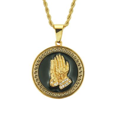 China FASHION Oil Painting Gold Black Round Coin Fashion Alloy Hiphop Hand Locket Prayer Pendant Necklace for sale