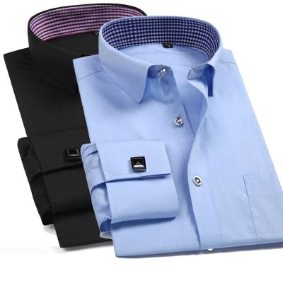 China New Design Anti-Wrinkle Gentlemen Fashion French Shirts Mens Solid Color Long Cuff Sleeve Shirts Formal Shirts for sale