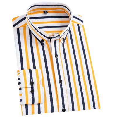 China Anti-Wrinkle Men's No-Iron Spandex Stretch Sleeve Long Striped Dress Shirts Regular Fit Collar Formal Casual Shirts Turn-Down for sale