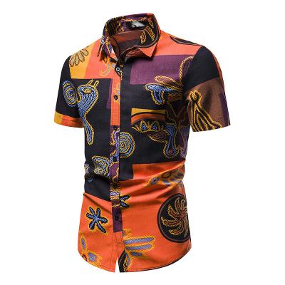 China New Men's Anti-Wrinkle Button Retro Flower Casual Short Sleeve Cotton Top Short Lapel Shirt for sale