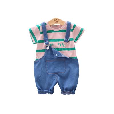 China Wholesale Price Cotton T-shirt Casual Lovely Striped Denim Jumpsuits Short Sleeve Shorts Suit for sale