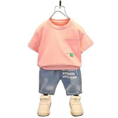 China 2022 summer new smart casual boys' short sleeve baby boy suit big round neck pocket denim shorts fashion two-piece style for sale