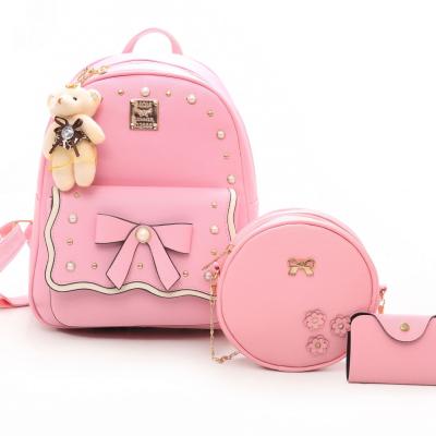 China Waterproof Korean Campus Bow Cute Casual Three Piece PU Bag School Backpack Travel Backpack For Girls for sale