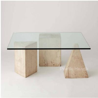 China Convertible Modern Stainless Steel Travertine Dining Coffee Table Glass Natural Stone Gold Table Luxury Modern Smart Coffee Table for sale