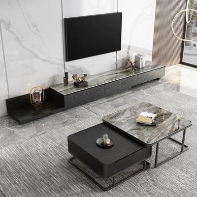 China Modern Luxury Smart Rock Slab And Wood Top With Black Leg Tv Cabinet And Coffee Tables Set Furniture Living Room Designs for sale