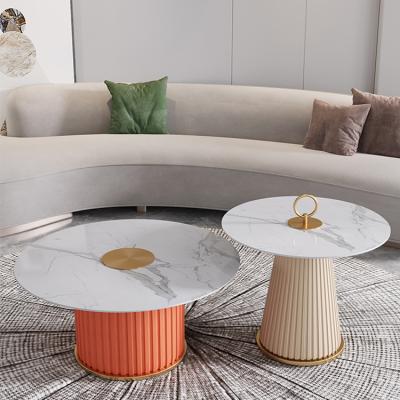 China Modern Gold Round Marble Style Rock Slab Light Luxury Smart Coffee Tables Set Living Room Furniture for sale