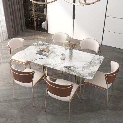 China Linght Stone Slab Stainless Steel Marble Gold Base Rectangle Solid Luxury Modern Agglomerated White Top Home Dining Tables Set for sale