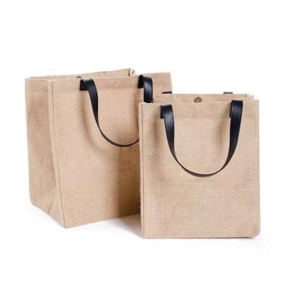 China BJ105 Fashion Design Eco-friendly Burlap Handled Market Reusable Grocery Bags Tote Jute Bag Leather Handle for sale