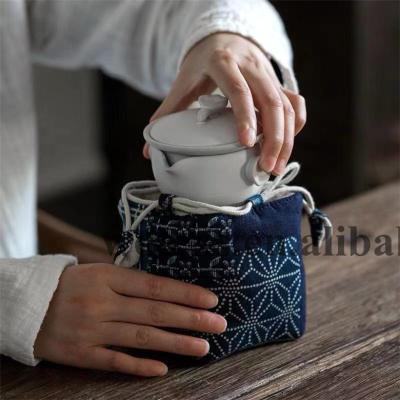 China BT044 Handled Custom Design Cotton Canvas Fabric Tea Set Bag Teapot Storage Bag Portable Suction String Bag for sale