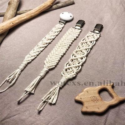 China BPA Free BP005 Healthy And Safe Handmade Woven Cotton Baby Pacifier Chain Boho Macrame Pacifier Clip Eco-Friendly for sale