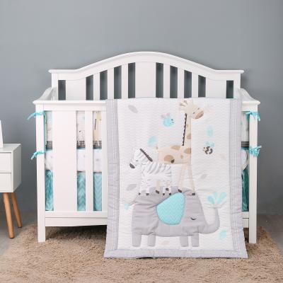 China Hot Sale OEKO-TEX 4pcs Disposable Crib Bedding Sets Unisex Gray Cartoon Animals Design Polyester 1005 Microfiber Brushed Fabric for sale