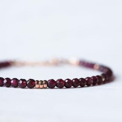 China La BOHÊME Garnet Bracelet Genuine 14K Rose Gold Delicate Garnet Skinny Stacking Bracelet Beads Garnet 3mm Tiny Gift For Her for sale