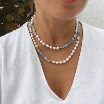 China Trendy baroque aquamarines and long freshwater pearl layered necklace for sale