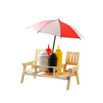 China Mini Viable Outdoor Wooden Pepper Shaker Holder Garden Bench Picnic BBQ Table Condiment Salt Stand With Umbrella for sale