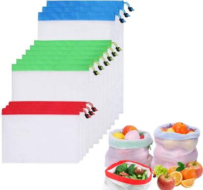 China Eco Friendly Eco-Friendly Polyester Mesh Produce Bags Reusable White With Colored String For Fruits And Vegetables for sale