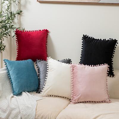 China Hot Selling Viable With Pompoms Particle Velvet Decorative Soft Cushion Sofa Bedroom Office Pillowcase for sale