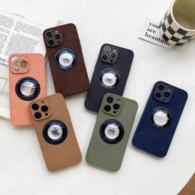 China Shockproof For iPhone14 13Pro Max Premium Leather Magnetic Suction Charging LOGO Hole Camera Film Lens Protective Phone Shockproof Case for sale