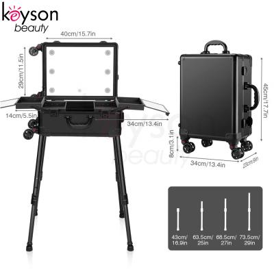 China Fashion Keyson Makeup Rolling Case With Lights Portable Beauty Case Makeup Station With Lights And Mirror for sale