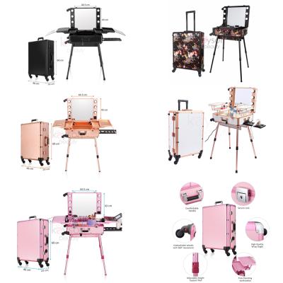 China Fashion Aluminum Makeup Trolley Case With Mirror Makeup Station Professional Lighted Makeup Case With Lights for sale