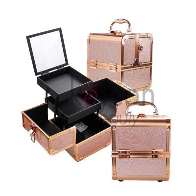 China Professional Portable Fashion Makeup Case Makeup Train Case Box Jewelry Cosmetic Organizer 3 Tiers Trays with Mirror and Brush Holder for sale