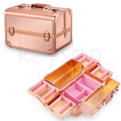 China Fashion Professional Portable Makeup Train Case, Artist Lockable Aluminum Cosmetic Organizer Storage Box with 15 Compartments 4 Trays for sale