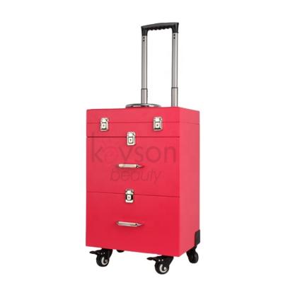 China Keyson China Makeup Studio Professional Rolling Aluminum Rolling Makeup Vanity Box Cosmetic Train Case Trolley Case for sale