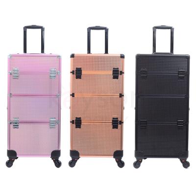 China Fashion KEYSON 2-in-1 Aluminum Makeup Train Case Professional Makeup Trolley Case Travel Jewelry Train Case for sale